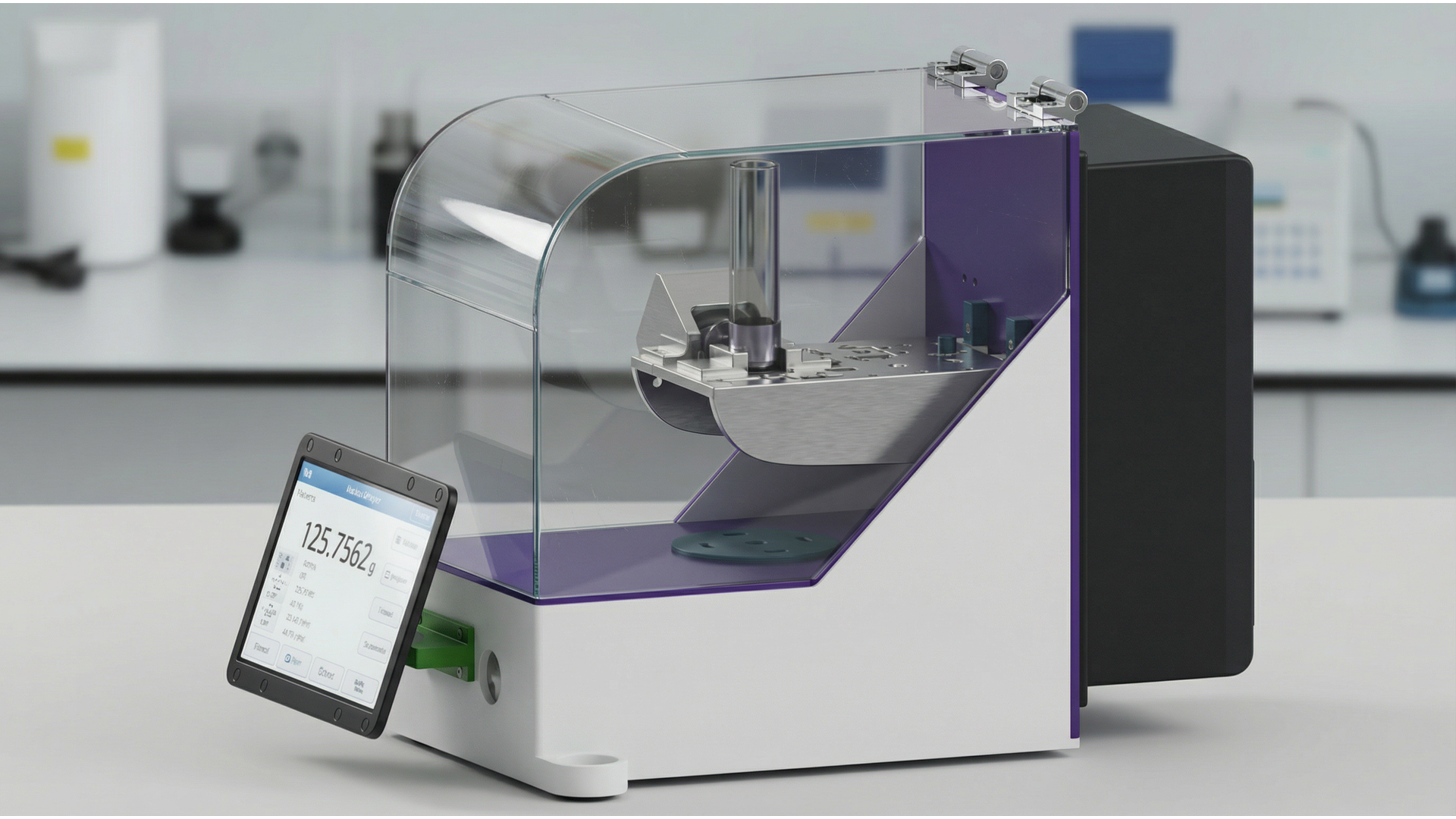 Weighing Bunny precision powder weighing robot with transparent enclosure and purple panels